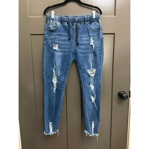 Moon Ryder Womens Distressed Denim Joggers Blue Ripped Drawstring Jeans Large